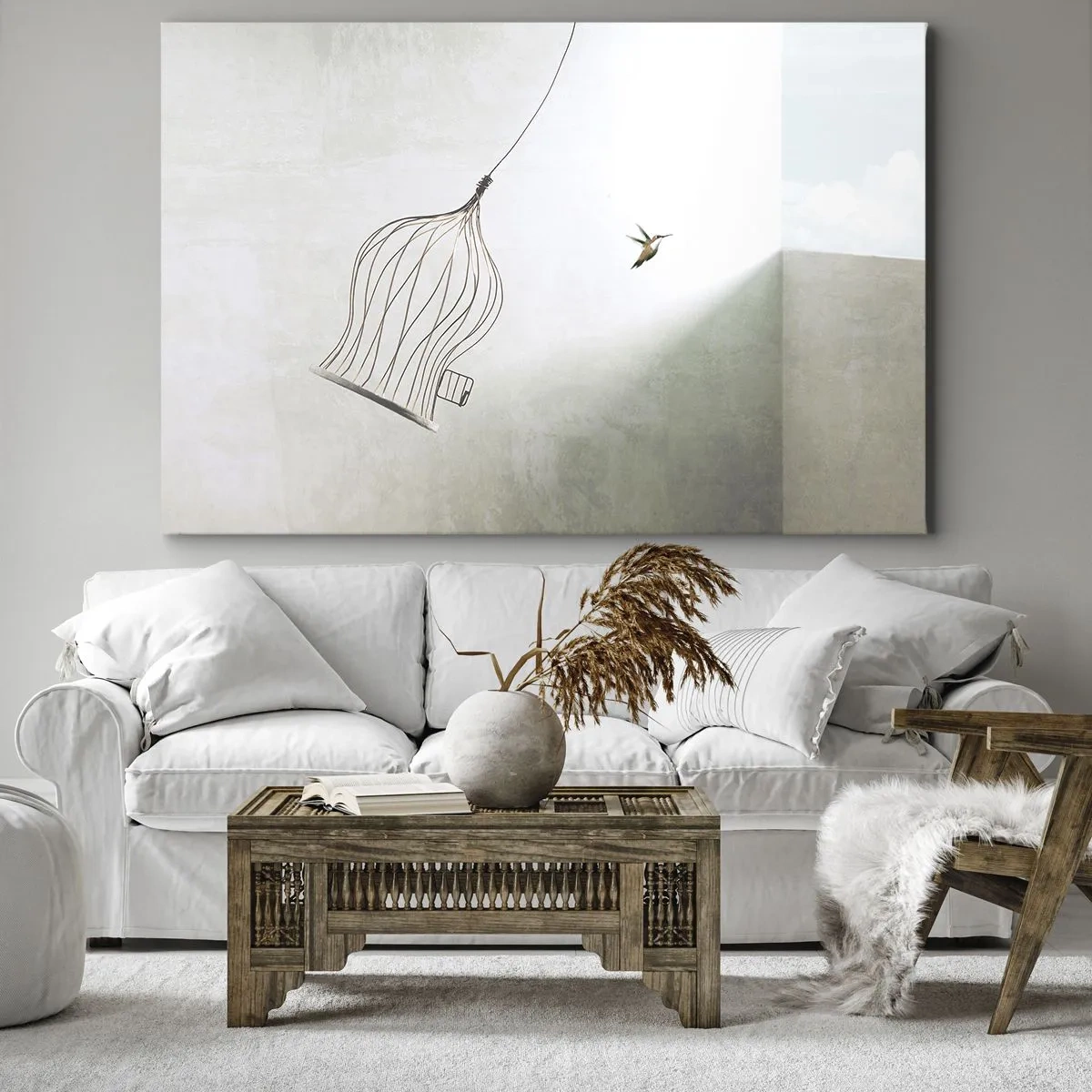 Canvas picture - A bird freed from a cage against the backdrop of a bright sky - 70x50cm - In His Element - Modern wall decoration for the living room and bedroom ARTTOR