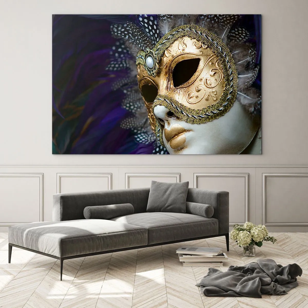 Glass picture - Gold Venetian mask with feathers on a purple background - 70x50cm - Venetian Portrait In Gold - Modern wall decoration for the living room and bedroom ARTTOR