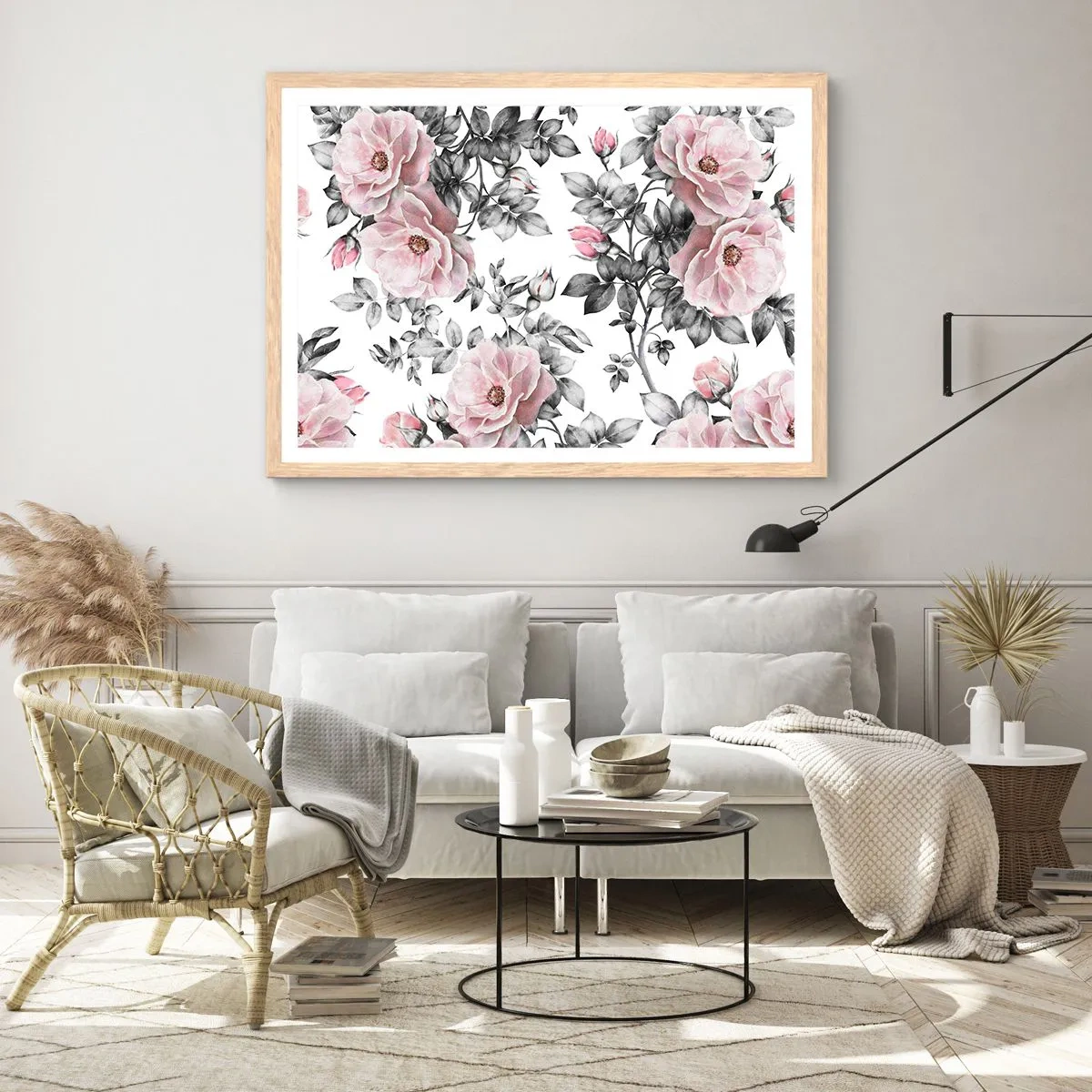 Poster in light oak frame - Getting Lost in Rose Flowers - 91x61 cm