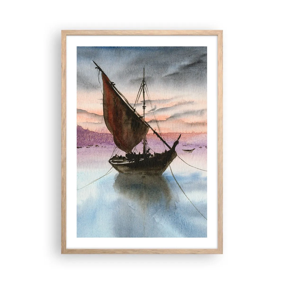 Poster in light oak frame - Evening at the Port - 50x70 cm