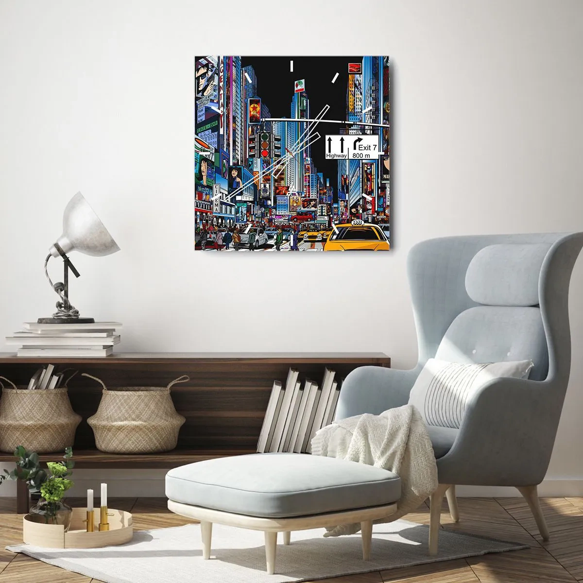 Wall clock - Clock on glass - Comic Night in a Big City - 30x30 cm
