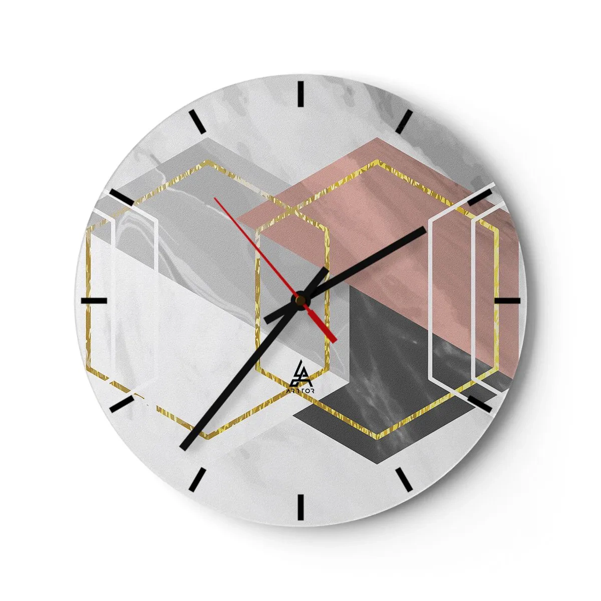 Wall clock - Clock on glass - Geometric shapes with color blocks and gold lines - 30x30cm - Chain Composition - Modern wall decoration for the living room, kitchen, and bedroom ARTTOR