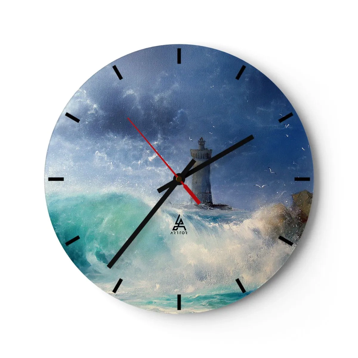 Wall clock - Clock on glass - A lighthouse surrounded by rough seas and stormy skies - 30x30cm - Standing Guard against the Elements - Modern wall decoration for the living room, kitchen, and bedroom ARTTOR