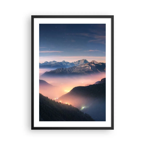 Poster in black frame - A magical view of mountain valleys illuminated by night light - 50x70cm - Light in the Valleys - Modern wall decoration for the living room and bedroom ARTTOR