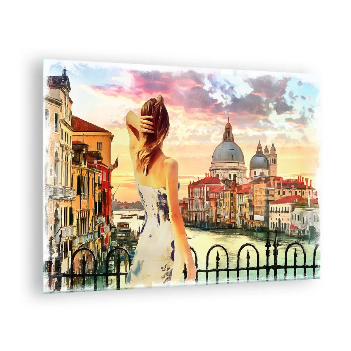 Glass picture - A woman admires the view of Venice at sunset. - 70x50cm - Venice Adventure - Modern wall decoration for the living room and bedroom ARTTOR