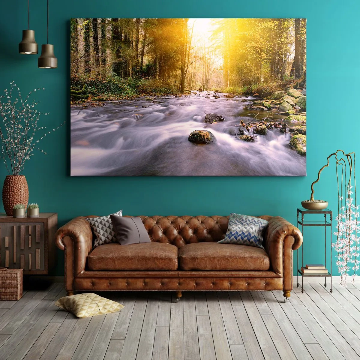 Canvas picture - forest stream illuminated by the sun's rays - 70x50cm - Malachite in Silver and Gold Setting - Modern wall decoration for the living room and bedroom ARTTOR