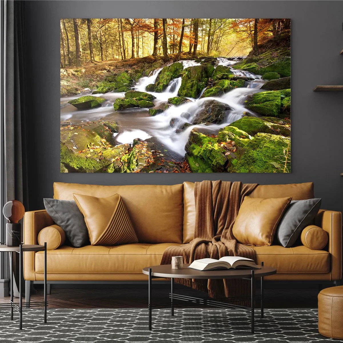 Glass picture - forest stream with waterfalls in an autumn landscape - 70x50cm - Gingerly through an Autumnal Forest - Modern wall decoration for the living room and bedroom ARTTOR