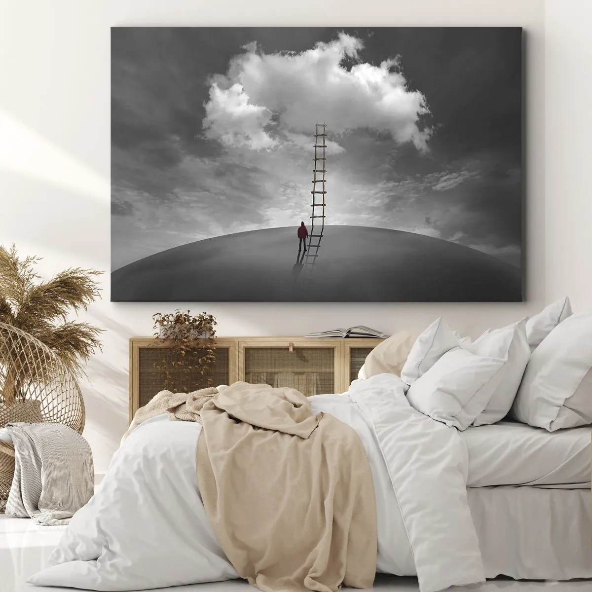 Canvas picture - person in a red coat and a ladder leading to a cloud - 70x50cm - Everything Is Poissible - Modern wall decoration for the living room and bedroom ARTTOR
