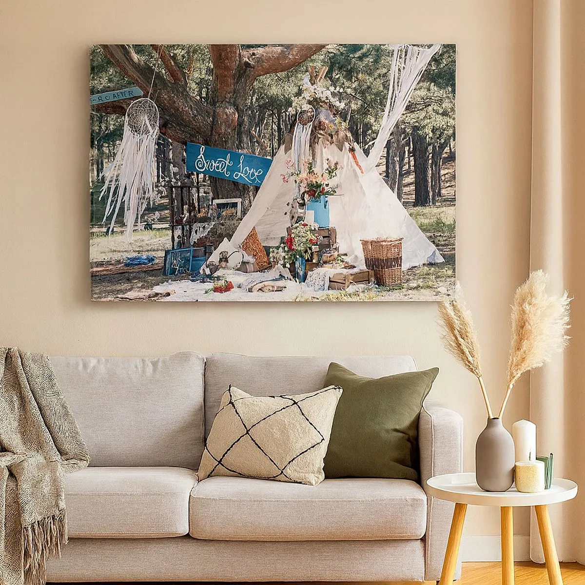 Canvas picture - Boho decoration with a teepee in the forest - 70x50cm - Make Love… - Modern wall decoration for the living room and bedroom ARTTOR