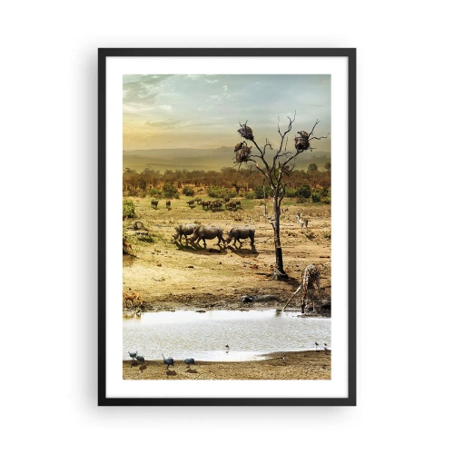 Poster in black frame - Savanna with rhinos and a watering hole - 50x70cm - There Is a River that Flows from Eden - Modern wall decoration for the living room and bedroom ARTTOR