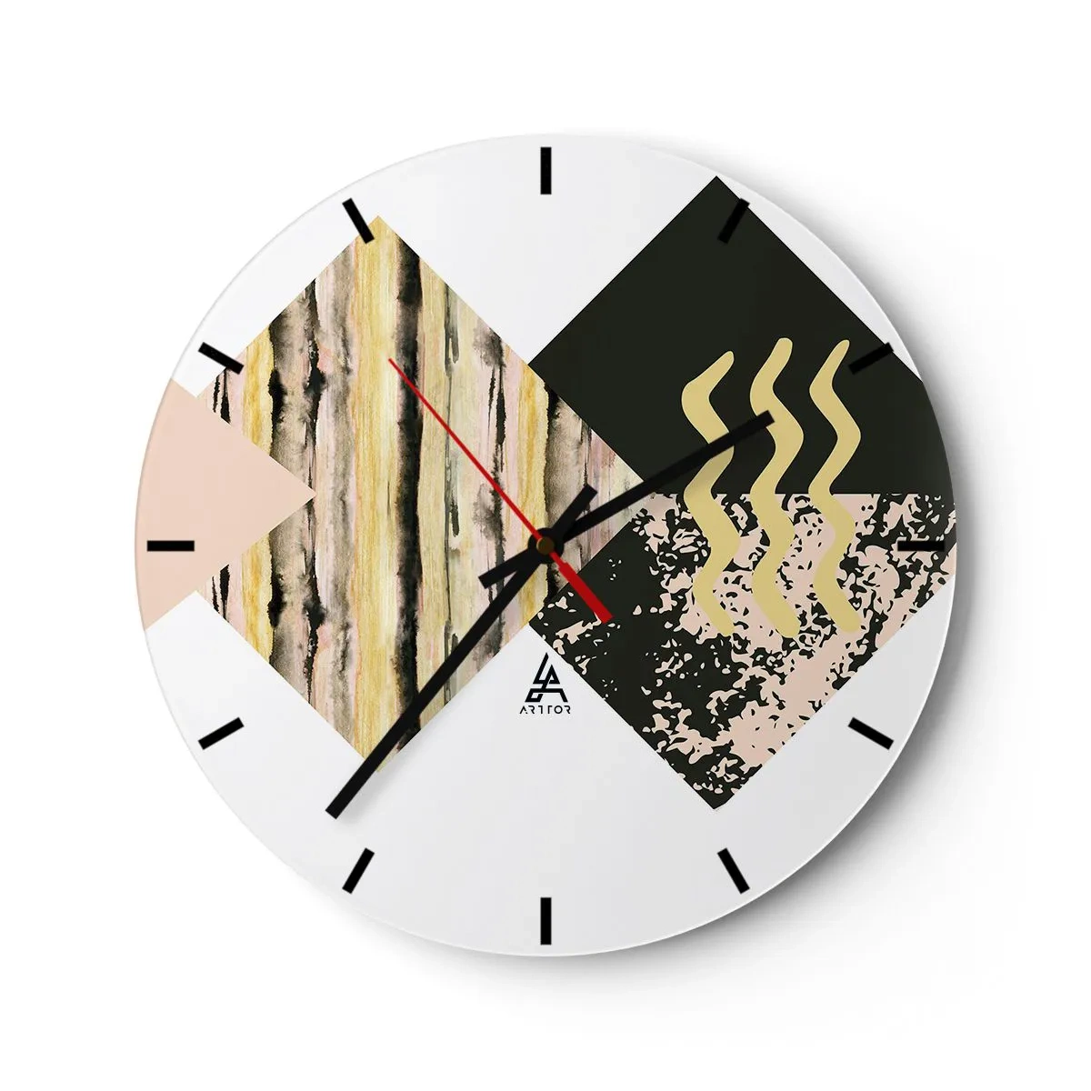 Wall clock - Clock on glass - Abstract motif with geometric shapes and patterns - 30x30cm - Not So Straightforward - Modern wall decoration for the living room, kitchen, and bedroom ARTTOR