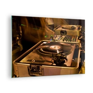 Glass picture - A turntable against a party backdrop with dynamic lighting effects - 70x50cm - Can You Feel that Power? - Modern wall decoration for the living room and bedroom ARTTOR