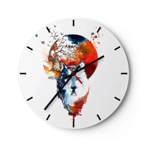 Wall clock - Clock on glass - Watercolor artwork of a wolf with a setting sun in the background - 30x30cm - Face to Face With the Night - Modern wall decoration for the living room, kitchen, and bedroom ARTTOR