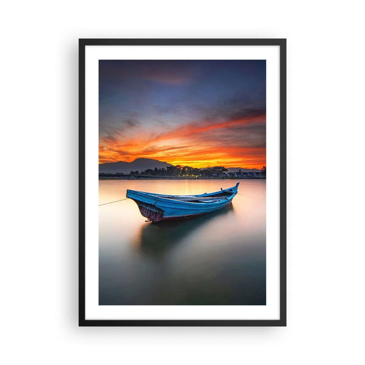 Poster in black frame - A lonely boat on the water at sunset - 50x70cm - Here Comes a Good Night - Modern wall decoration for the living room and bedroom ARTTOR