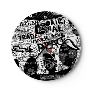 Wall clock - Clock on glass - Artistic graffiti motif in black and white - 30x30cm - Rich World of the Street - Modern wall decoration for the living room, kitchen, and bedroom ARTTOR