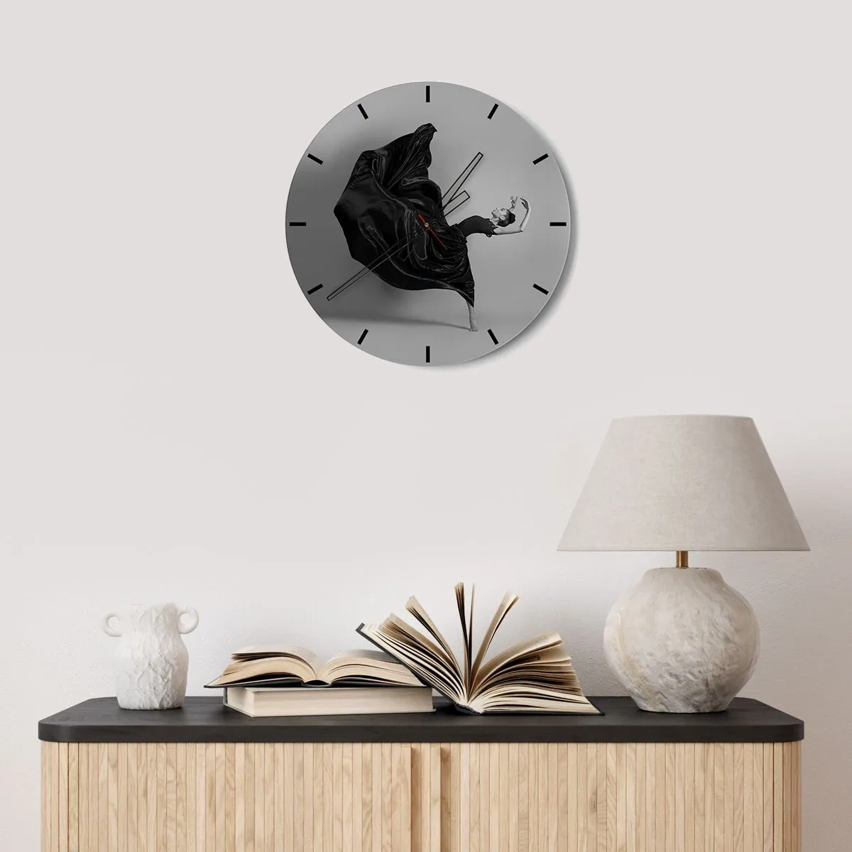 Wall clock - Clock on glass - A dancer in a dynamic pose in a black dress - 30x30cm - On the Wings of Music - Modern wall decoration for the living room, kitchen, and bedroom ARTTOR