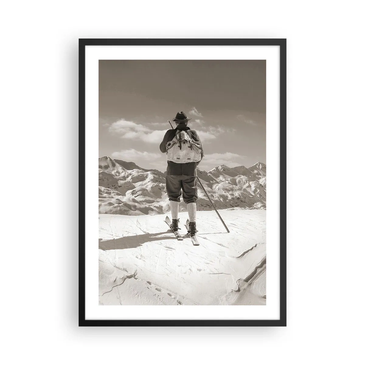 Poster in black frame - A retro-style skier with mountains in the background - 50x70cm - Mountains Are the Same - Modern wall decoration for the living room and bedroom ARTTOR