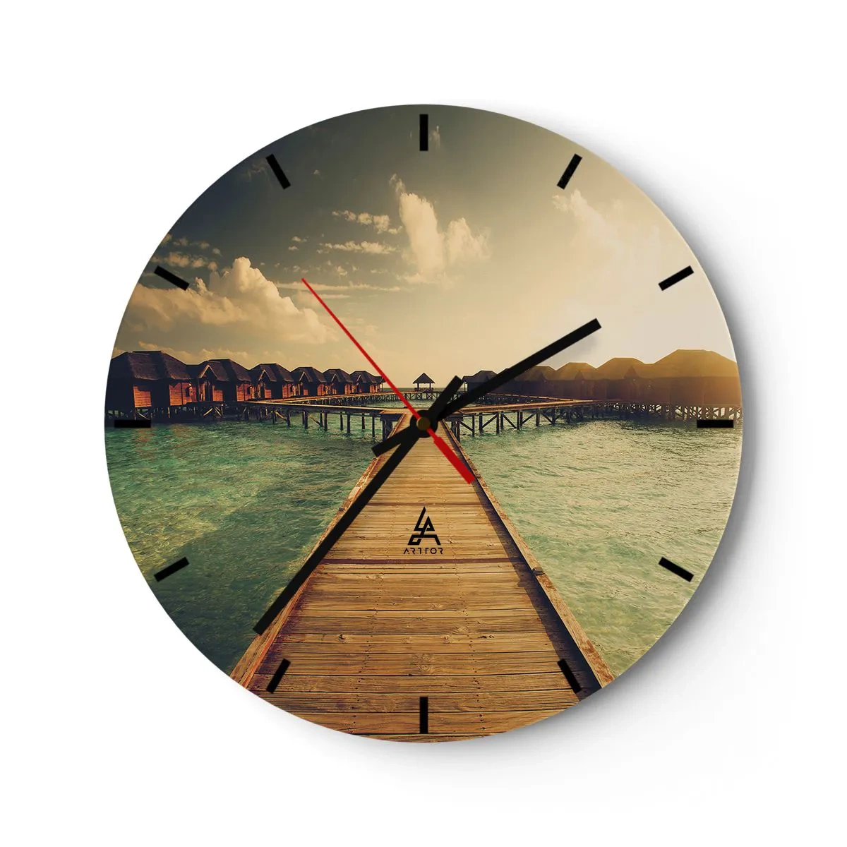 Wall clock - Clock on glass - The jetty leading to the water houses in the sunset light - 30x30cm - Warm Welcome - Modern wall decoration for the living room, kitchen, and bedroom ARTTOR