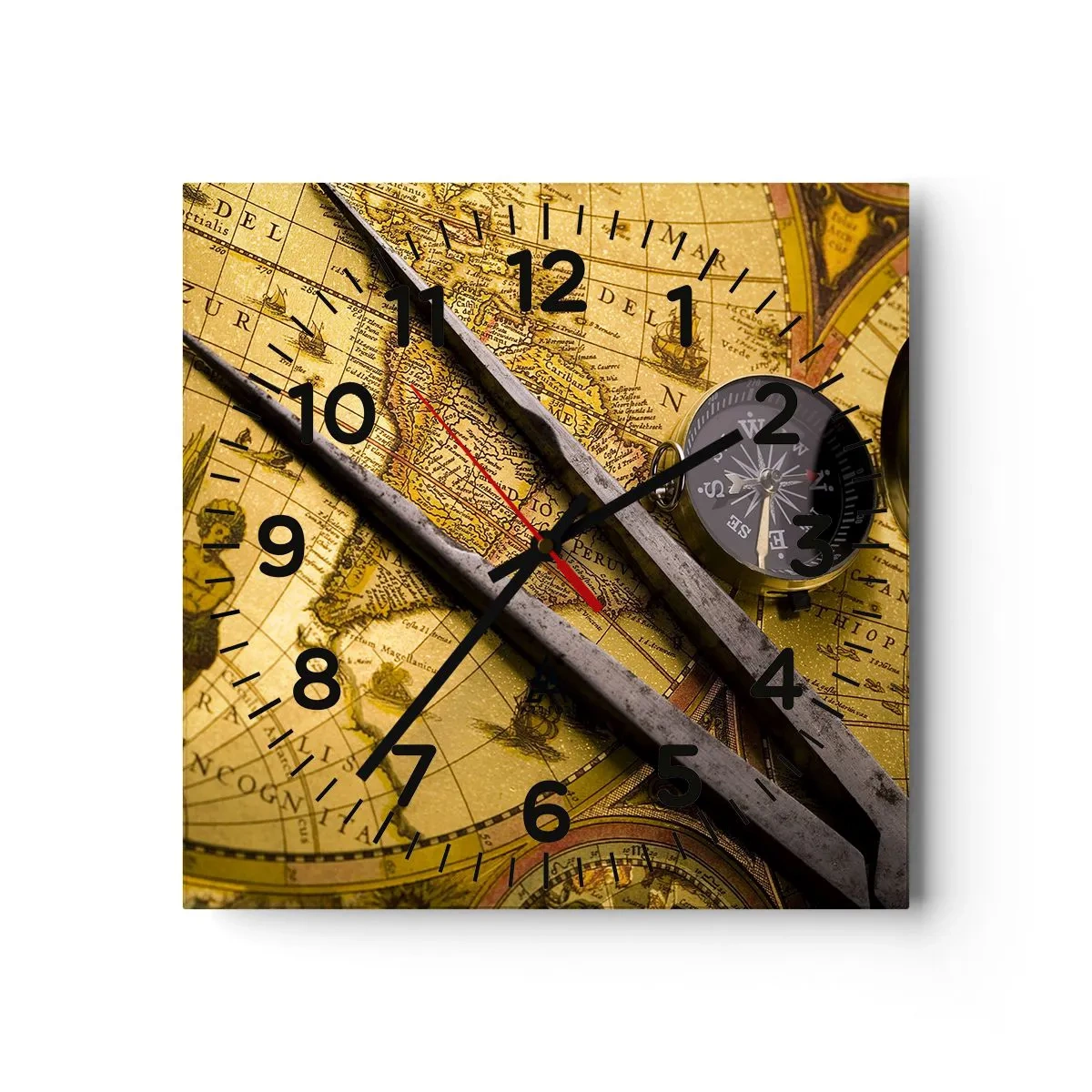 Wall clock - Clock on glass - With a Compass through the Seas - 30x30 cm