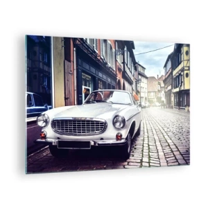 Glass picture - A white classic car against a backdrop of historic buildings - 70x50cm - The Past Is Today - Modern wall decoration for the living room and bedroom ARTTOR