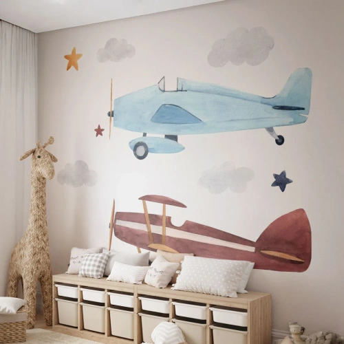 Photo Wallpaper Standard Eco - Two colorful airplanes among clouds and stars on a white background. - 100x70cm - Mr Pilot We Are Waiting! - Modern wall decoration for the living room and bedroom ARTTOR