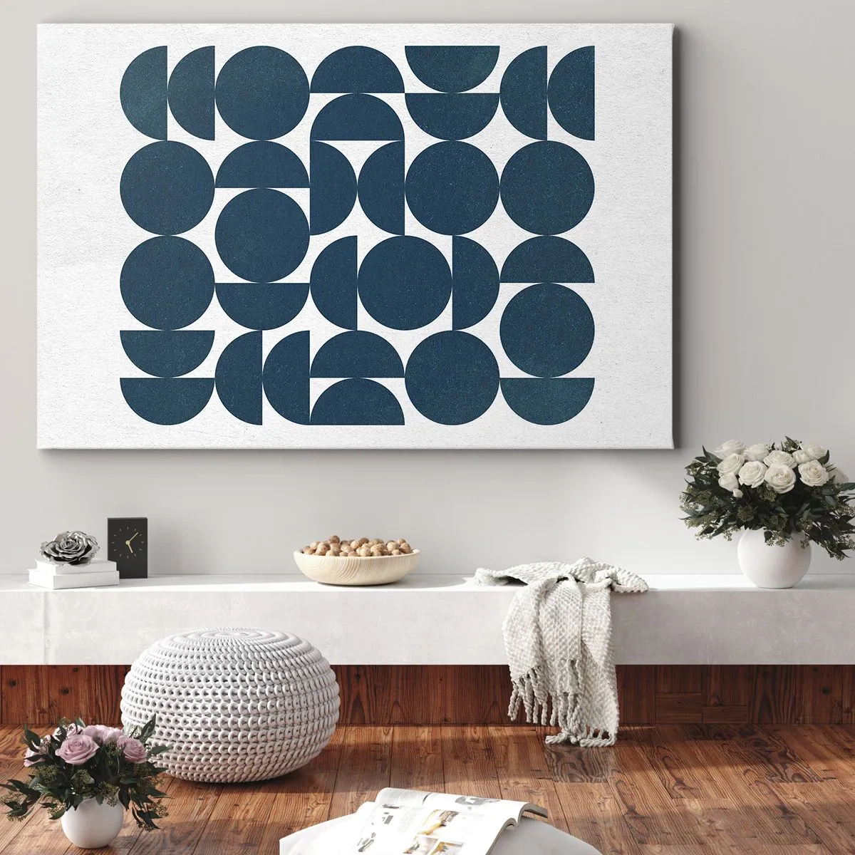 Canvas picture - Geometric shapes in shades of navy blue on a white background - 70x50cm - Circles and Semicircles - Modern wall decoration for the living room and bedroom ARTTOR