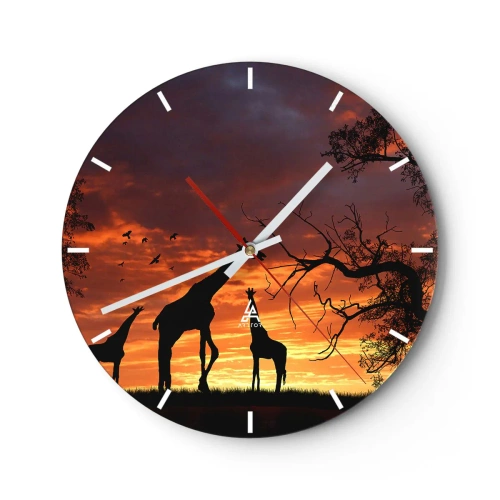 Wall clock - Clock on glass - Silhouettes of giraffes against the backdrop of an African sunset - 30x30cm - Small Dinner among Close Ones - Modern wall decoration for the living room, kitchen, and bedroom ARTTOR