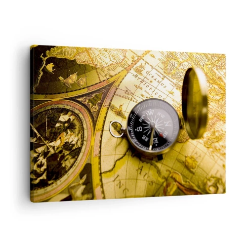 Canvas picture - An antique compass against the background of an old world map - 70x50cm - To the End of the World? - Modern wall decoration for the living room and bedroom ARTTOR
