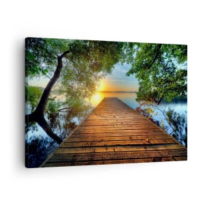 Canvas picture - A wooden pier surrounded by greenery during sunset - 70x50cm - Don't Hurry, Sit Down - Modern wall decoration for the living room and bedroom ARTTOR