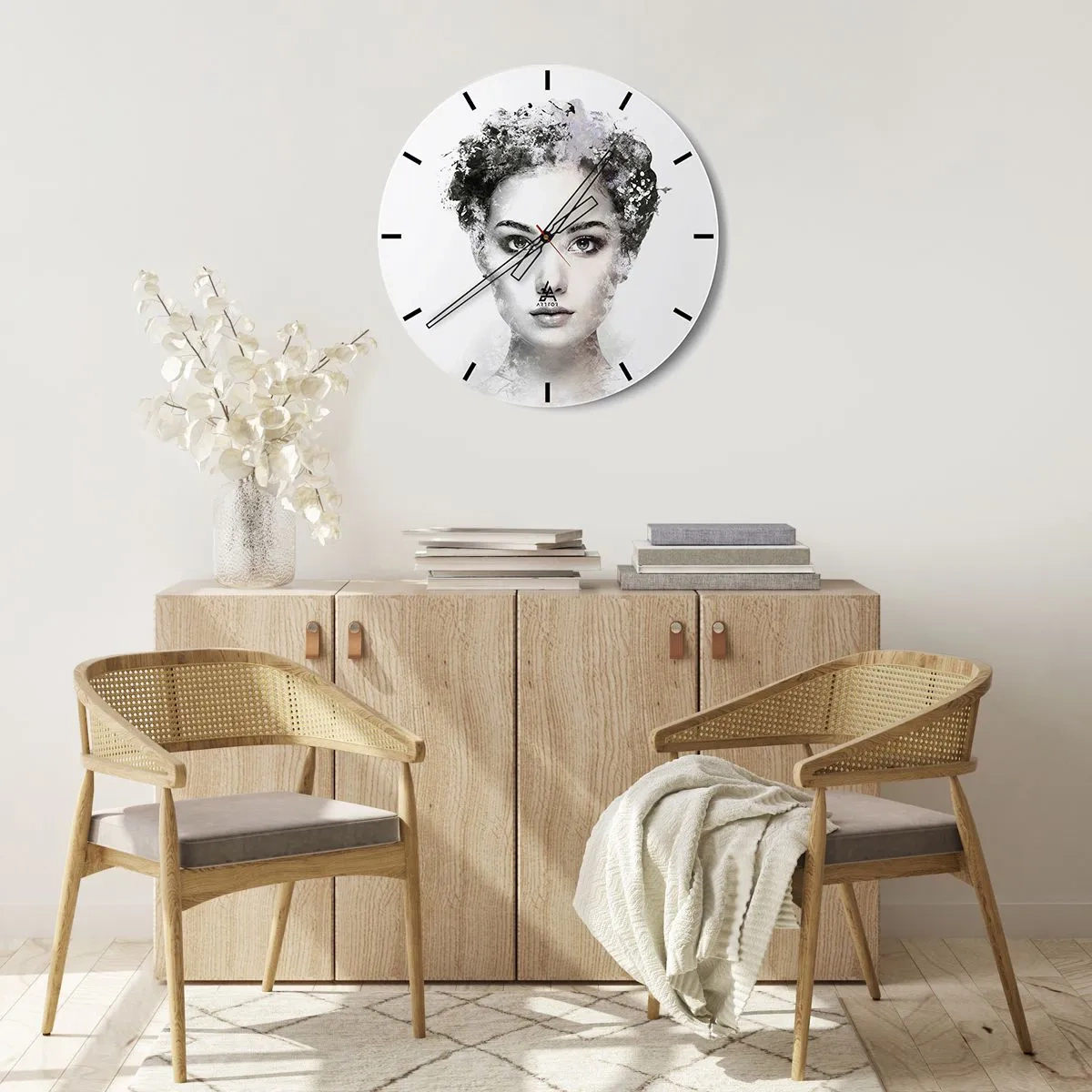 Wall clock - Clock on glass - Artistic portrait of a woman with blur and texture effects - 30x30cm - Extremely Stylish Portrait - Modern wall decoration for the living room, kitchen, and bedroom ARTTOR