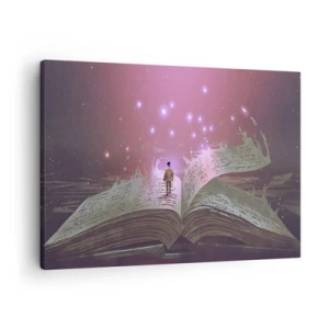 Canvas picture - figure steps onto an open book in a magical light. - 70x50cm - Invitation to Another World -Read It! - Modern wall decoration for the living room and bedroom ARTTOR