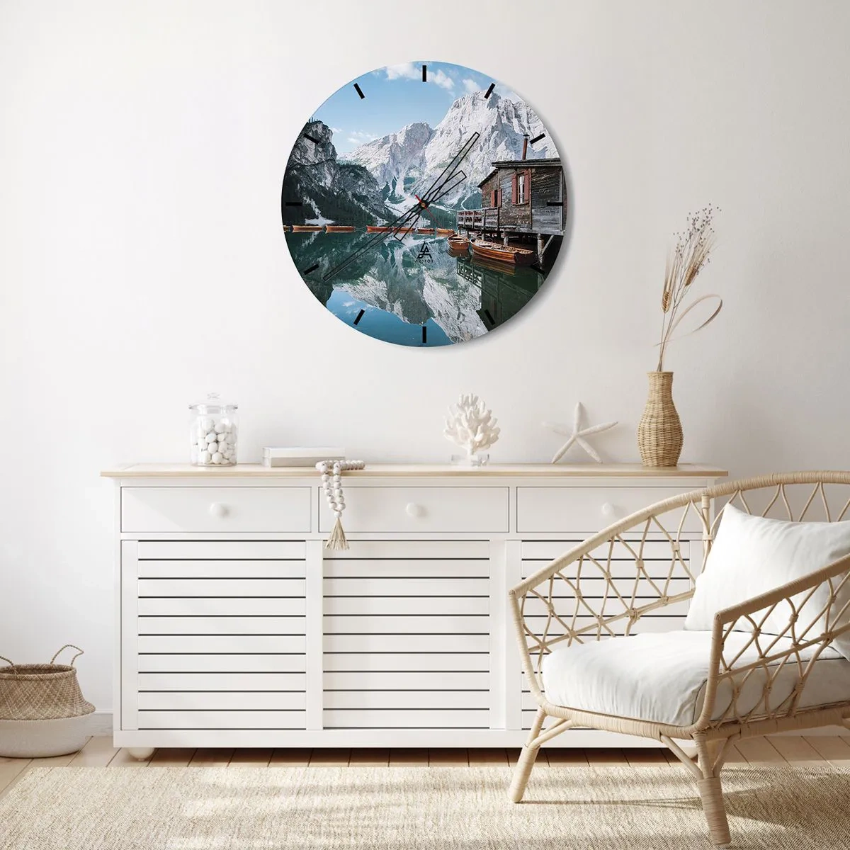 Wall clock - Clock on glass - A mountain lake with wooden boats and a hut on the shore - 30x30cm - Crystal, Mountain Morning - Modern wall decoration for the living room, kitchen, and bedroom ARTTOR