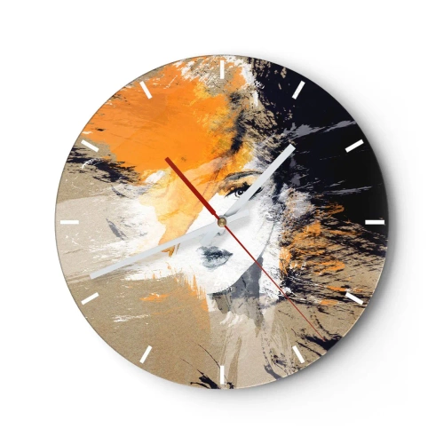 Wall clock - Clock on glass - Abstract portrait of a woman in warm shades of orange and beige. - 30x30cm - And There Was Light - Modern wall decoration for the living room, kitchen, and bedroom ARTTOR