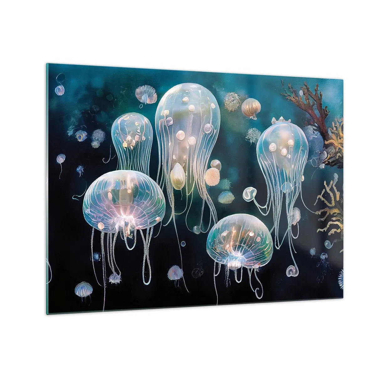 Glass picture - Jellyfish in the luminous dance of the underwater world - 70x50cm - Underwater Ball - Modern wall decoration for the living room and bedroom ARTTOR