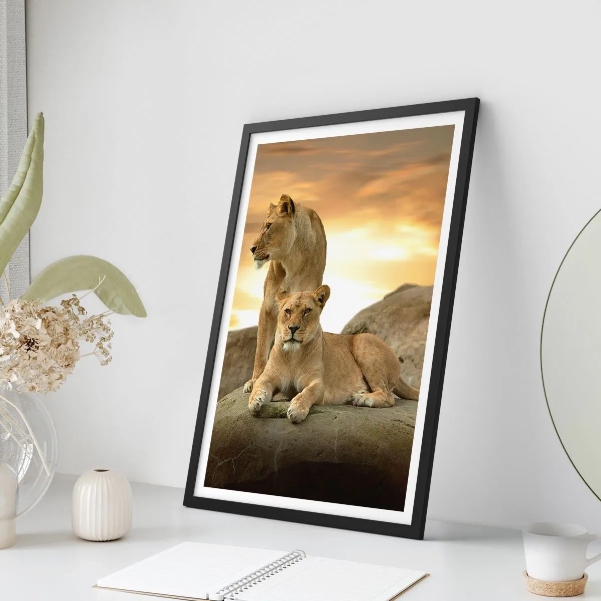 Poster in black frame - Two lionesses against the setting sun - 50x70cm - Royal Majesty - Modern wall decoration for the living room and bedroom ARTTOR