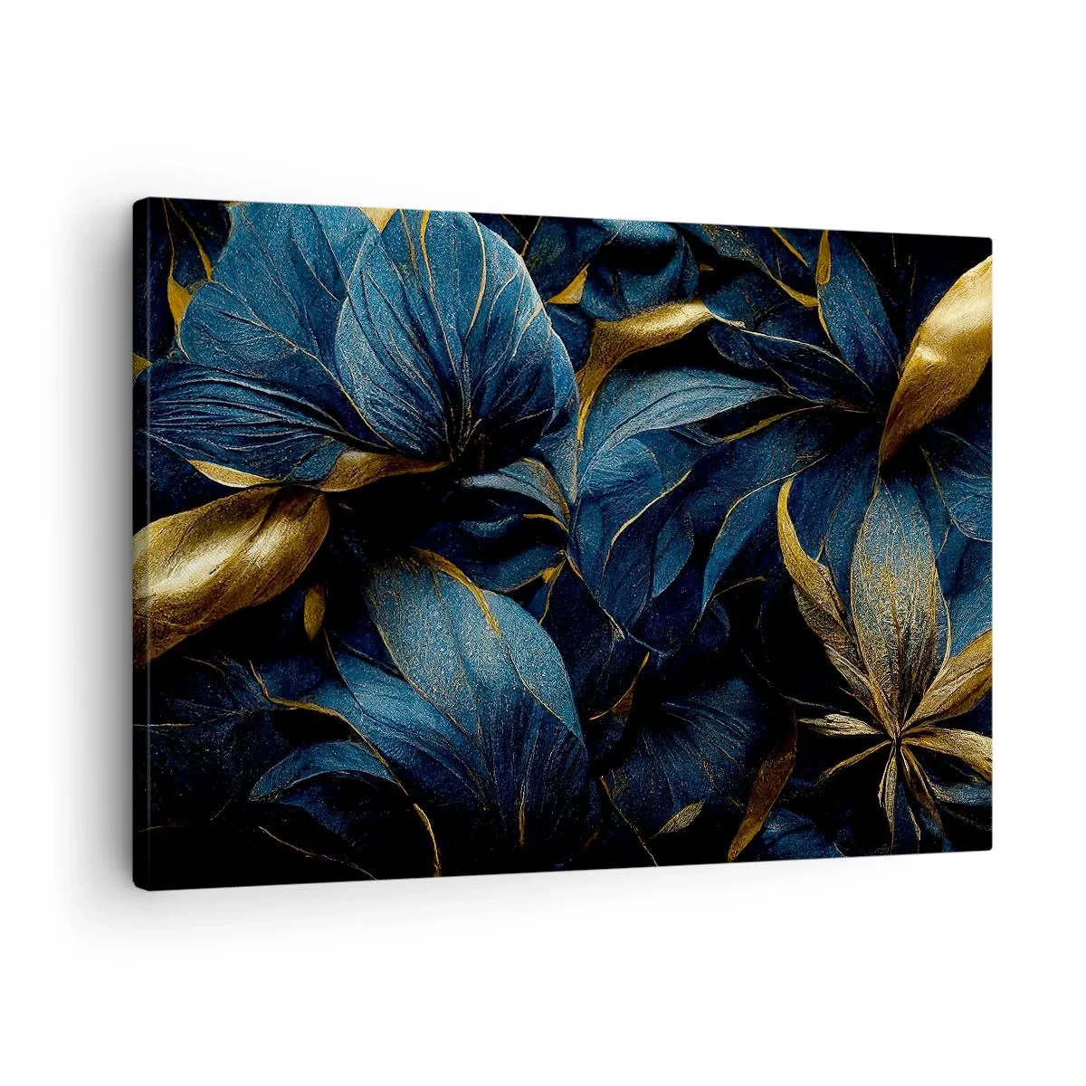 Canvas picture - Elegant leaves in shades of gold and navy blue - 70x50cm - Lined with Gold - Modern wall decoration for the living room and bedroom ARTTOR