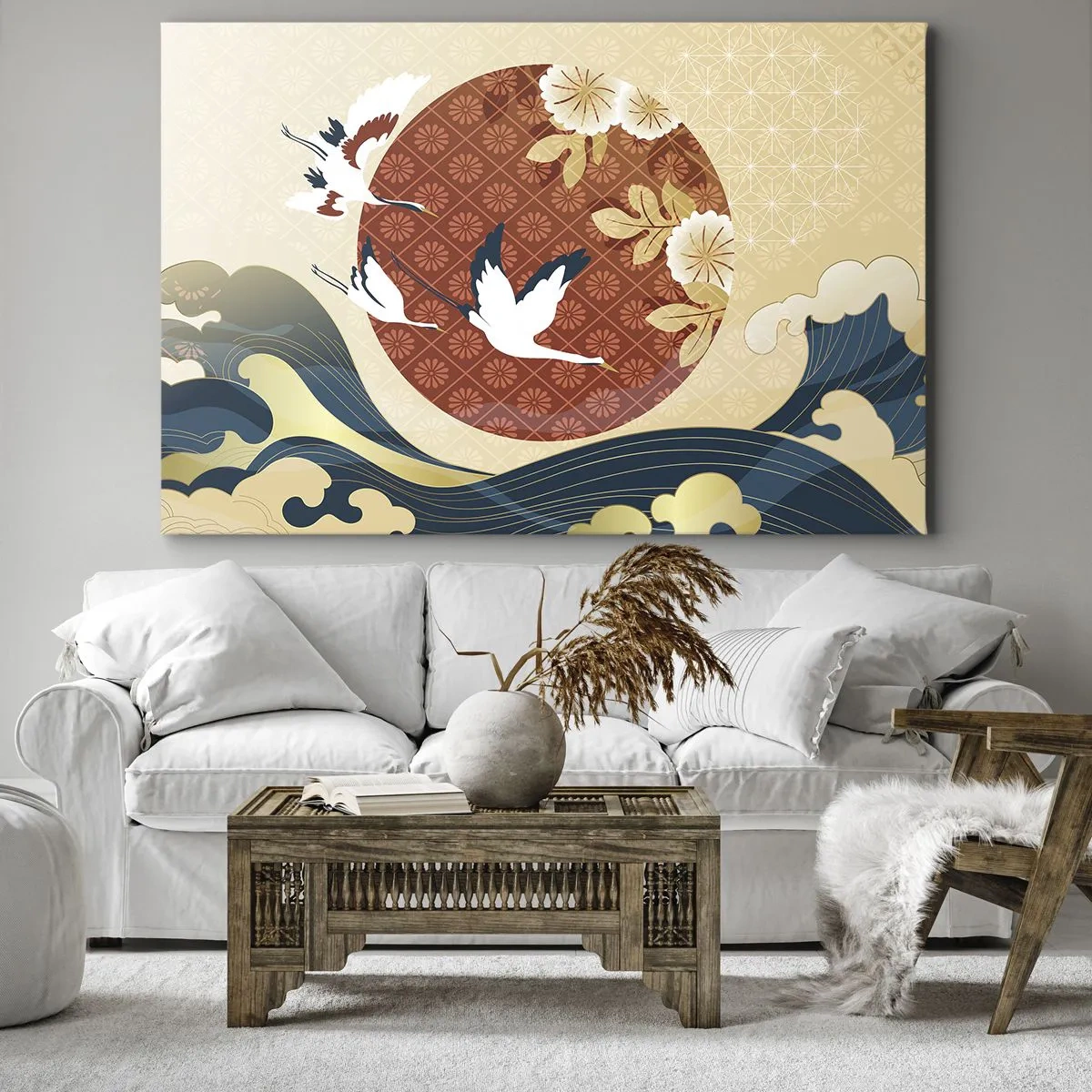 Canvas picture - Japanese composition with cranes and waves - 70x50cm - Japanese Tale - Modern wall decoration for the living room and bedroom ARTTOR