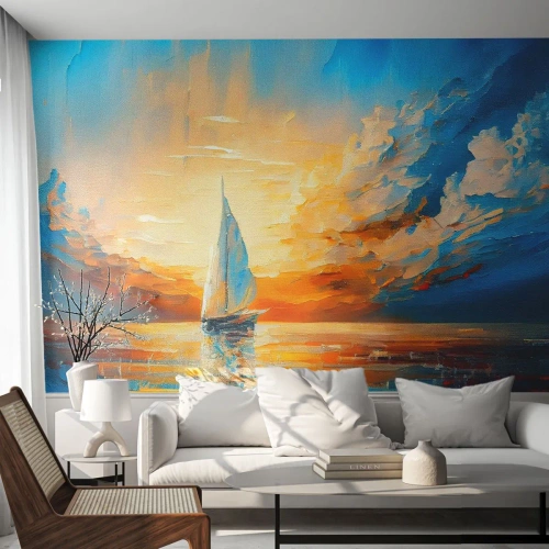 Custom Self-Adhesive Wallpaper Deluxe Sticker - Sailing in Gold - Landscape, Nautical, Sailboat