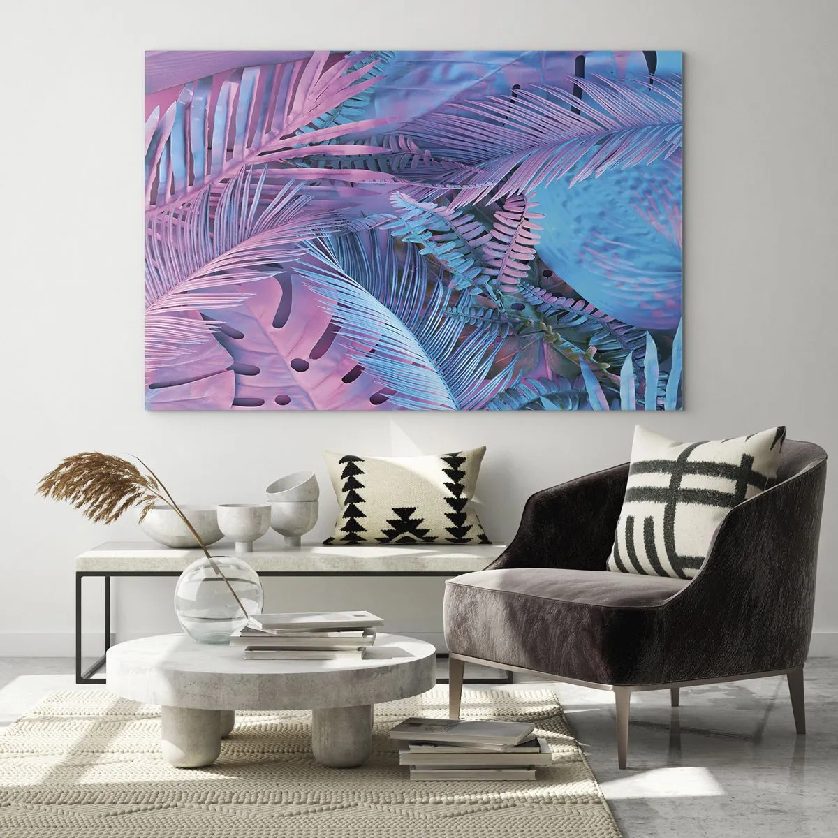 Glass picture - Tropical leaves in shades of pink and blue on a neon background - 70x50cm - Tropics in Pink and Blue - Modern wall decoration for the living room and bedroom ARTTOR