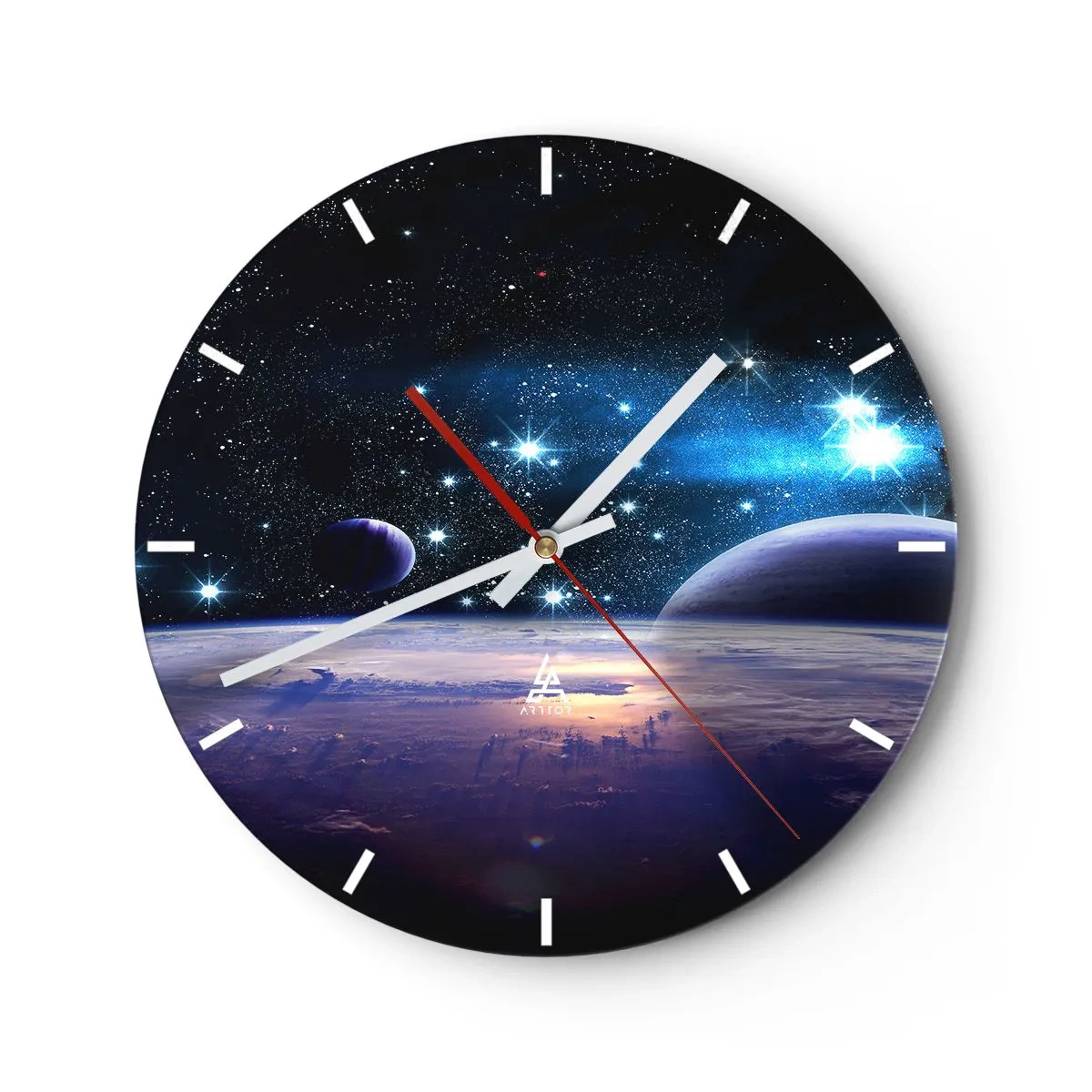 Wall clock - Clock on glass - Space with stars, planets, and a planetary surface with an atmosphere - 30x30cm - Still Alone? - Modern wall decoration for the living room, kitchen, and bedroom ARTTOR