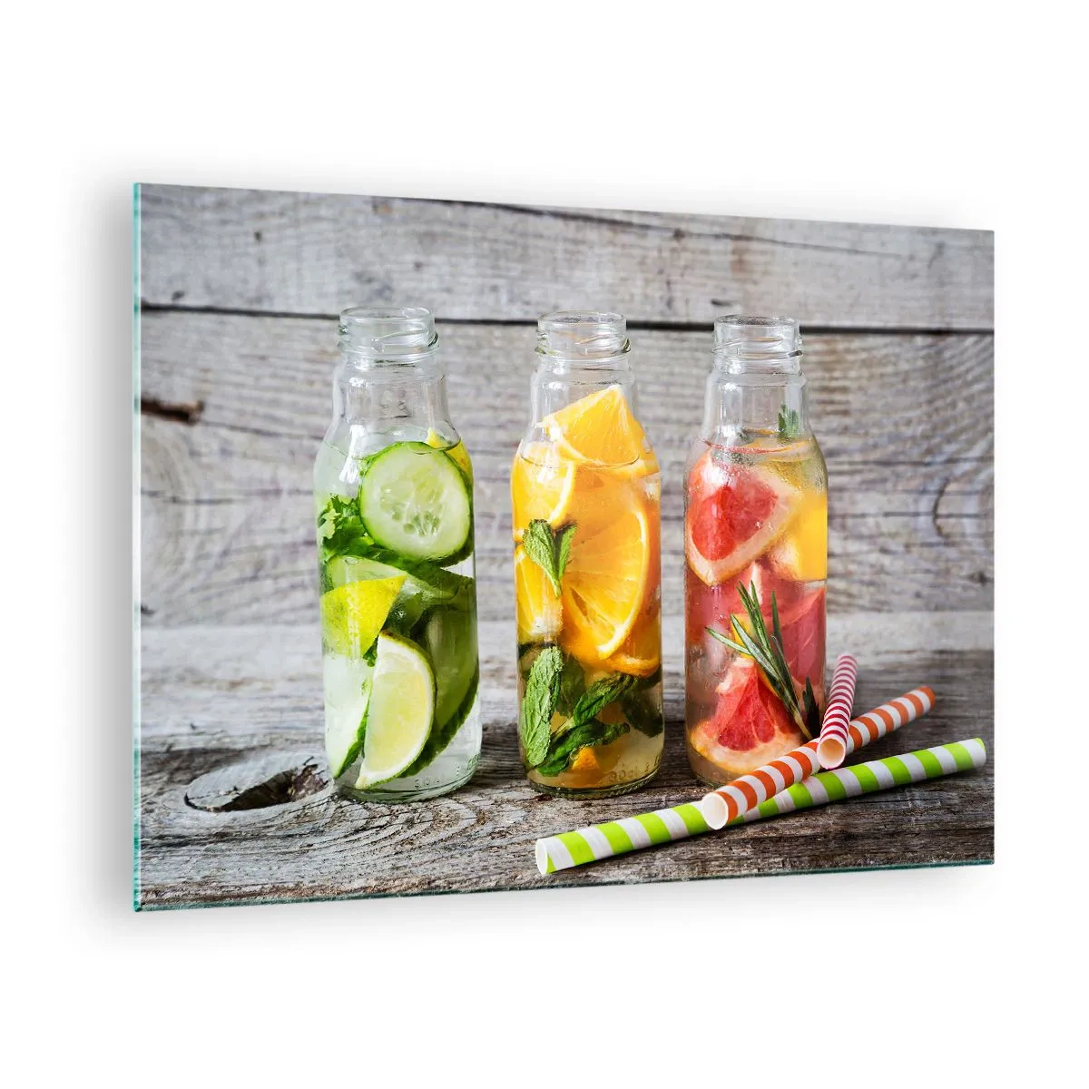 Glass picture - Bottles of fruit water and herbs on a wooden background - 70x50cm - Healthy by Nature - Modern wall decoration for the living room and bedroom ARTTOR