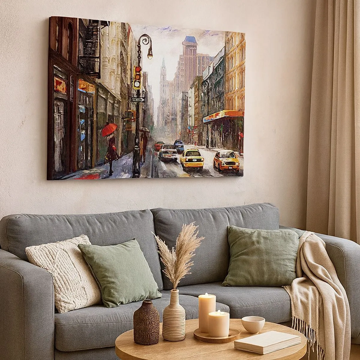 Canvas picture - Cityscape with a street and yellow taxis - 70x50cm - New York - Colourful in Rain - Modern wall decoration for the living room and bedroom ARTTOR