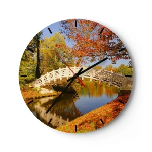 Wall clock - Clock on glass - A white bridge over a river surrounded by autumn trees - 30x30cm - On a White Bridge of Sighs - Modern wall decoration for the living room, kitchen, and bedroom ARTTOR