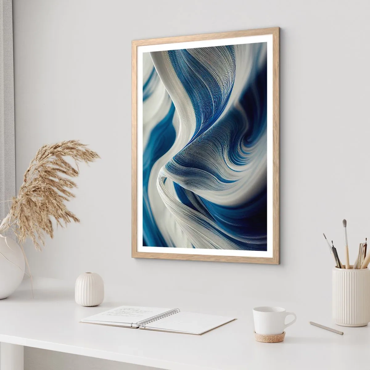Poster in light oak frame - Fluidity of Blue and White - 61x91 cm