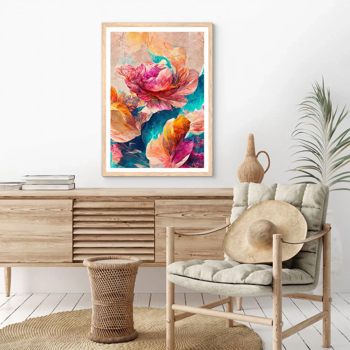 Poster in light oak frame - Colourful Splendour of a Bouquet - 70x100 cm