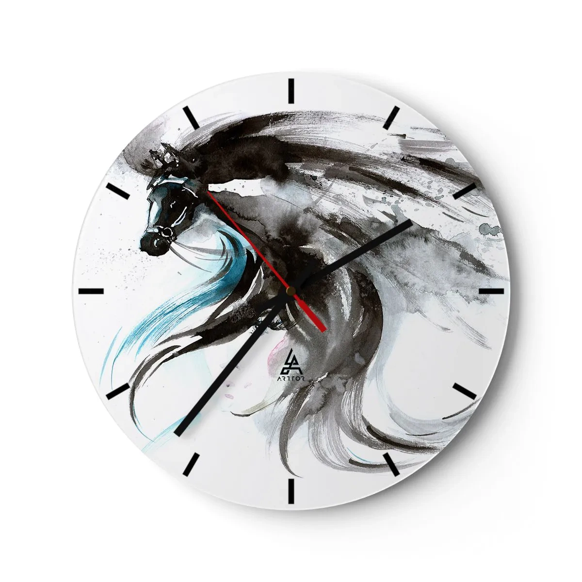Wall clock - Clock on glass - A dark horse in dynamic motion with a flowing mane in an artistic style. - 30x30cm - Gallop of a Black Prince - Modern wall decoration for the living room, kitchen, and bedroom ARTTOR