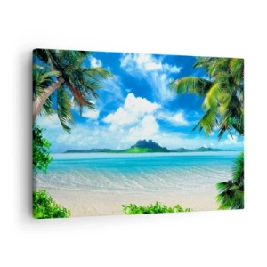 Canvas picture - Tropical beach with palm trees and an island view - 70x50cm - Blue Tropics - Modern wall decoration for the living room and bedroom ARTTOR
