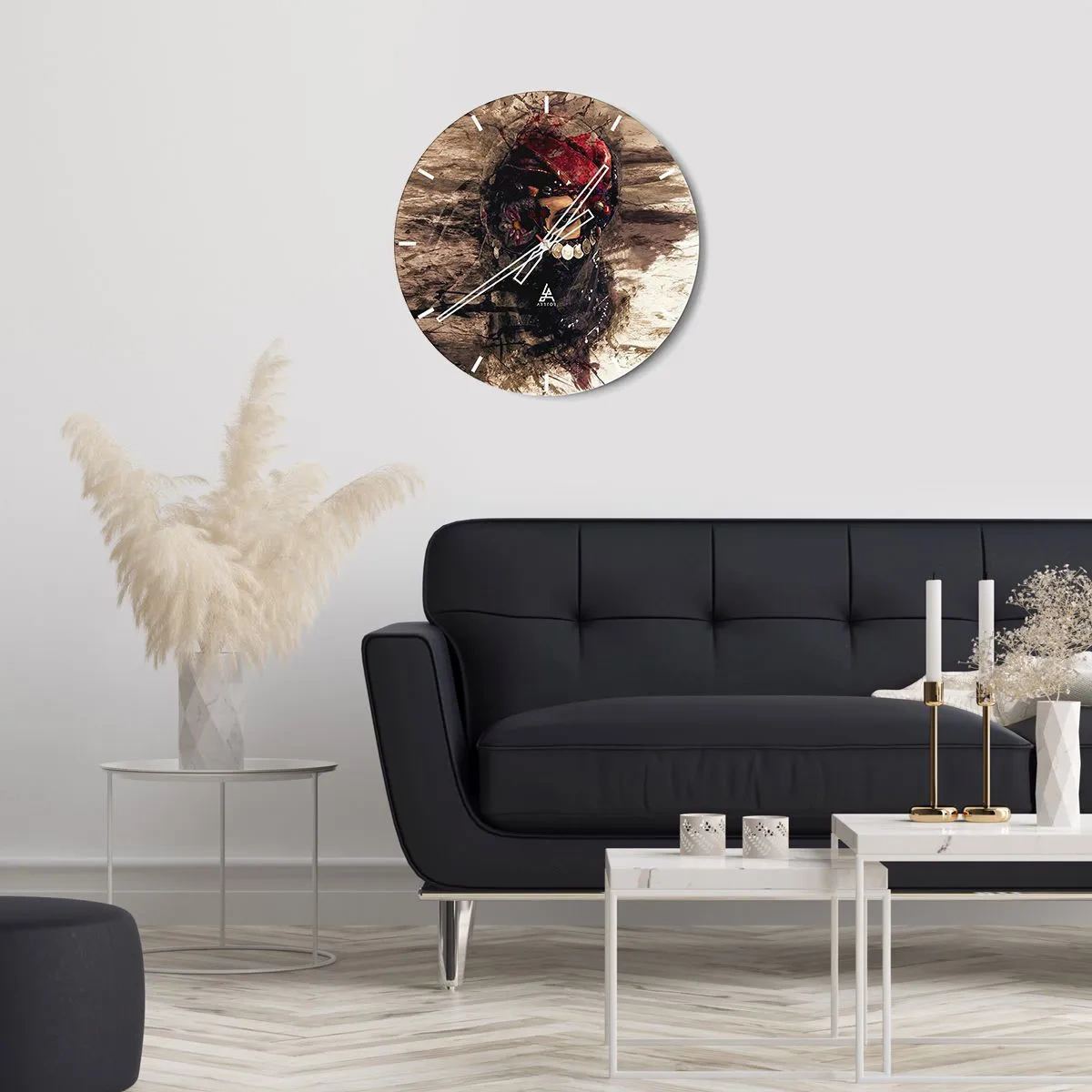 Wall clock - Clock on glass - Artistic portrait of a woman wearing traditional jewelry - 30x30cm - At Least Worrying - Modern wall decoration for the living room, kitchen, and bedroom ARTTOR