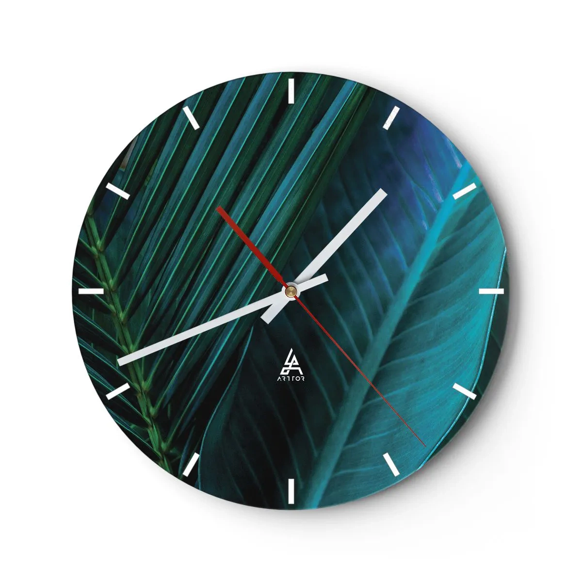 Wall clock - Clock on glass - A close-up of tropical leaves in shades of green and turquoise. - 30x30cm - Anatomy of Green - Modern wall decoration for the living room, kitchen, and bedroom ARTTOR