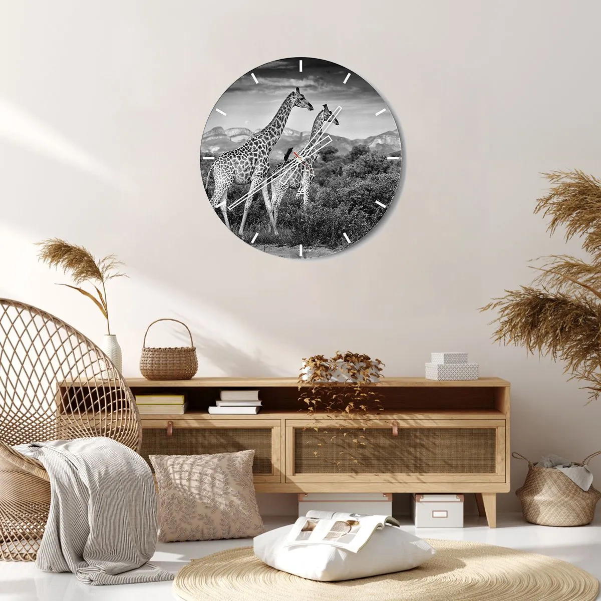 Wall clock - Clock on glass - black and white photograph of two giraffes in the savannah. - 30x30cm - Higher Spheres in Africa - Modern wall decoration for the living room, kitchen, and bedroom ARTTOR